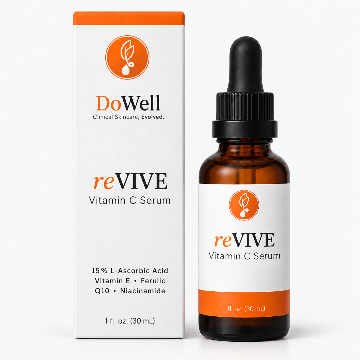DoWell reVIVE Vitamin C Serum, amber dropper bottle with orange and white label beside its matching carton